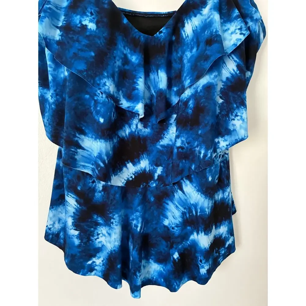 Aqua Green Blue Tie Dye Layered V-Neck Tankini Built In Shelf Bra Size L